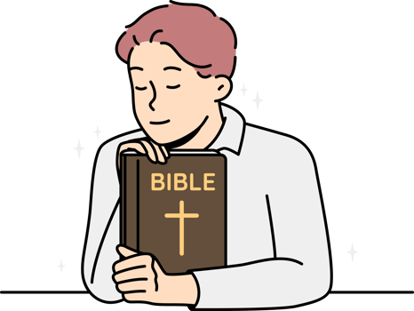 Man Christian holds Bible, prays to God, feels grace. png