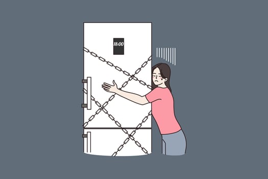 Woman on diet hug fridge in chains in evening. Female lose weight with refrigerator at home. Girl not allowed food at night. Eating disorder concept. Isometric composition, flat vector illustration.