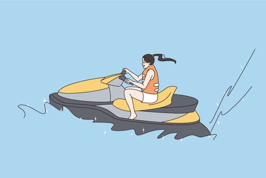 Sport summer leisure activities concept. Young happy cheerful woman sitting and riding on water during vacations feeling positive vector illustration