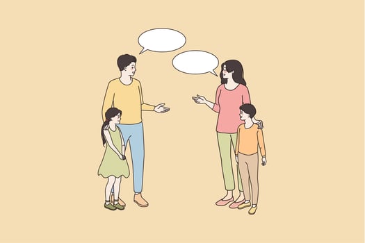 Smiling mother and father of small teen kids talk speak encounter in street. Happy man and woman have communication, children classmates near. Thin line art sketch, flat vector illustration.