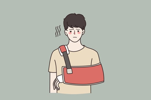 Injury and physical problem concept. Young sad frustrated man cartoon character standing with injured arm feeling unhappy vector illustration