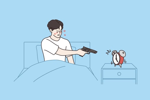 Feeling tired and sleepless concept. Young irritated stressed man aiming gun at alarm clock since morning staying in bed over blue background vector illustration