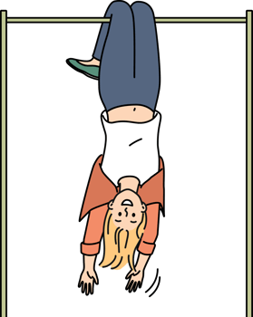 Overjoyed woman hanging upside down on bar png