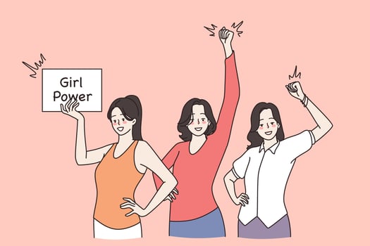 Girl power and feminism concept. Group of young smiling girls friends standing waving hands expressing power and strength vector illustration with sign