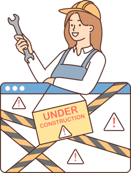 Repairman woman with wrench near under construction sign for 404 page of website or app png