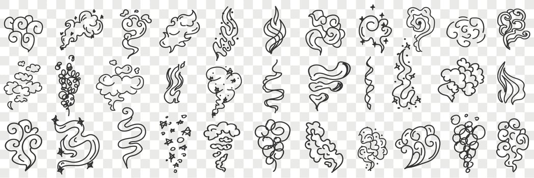 Wind and flames shapes doodle set. Collection of hand drawn various styles and shapes of star wind natural phenomena in rows isolated on transparent background vector