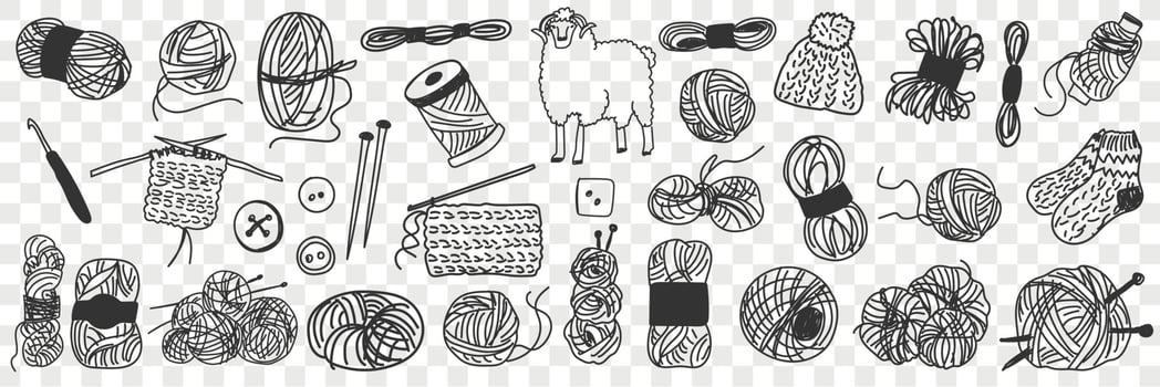 Production of wool doodle set. Collection of hand drawn wool for knitting and sewing and sheep for cutting various isolated on transparent background vector