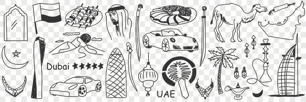 Arabic emirates symbols doodle set. Collection of hand drawn various united arabic emirates tourism signs traditional culture and trips in rows isolated on transparent background vector