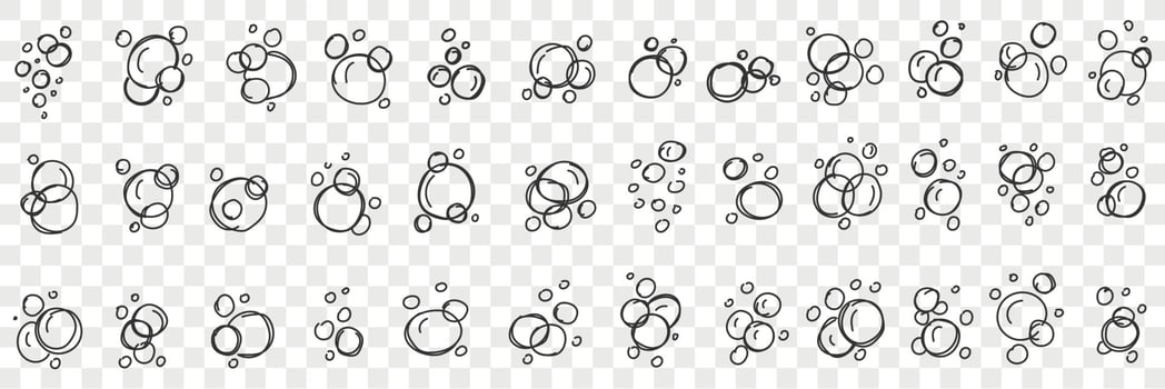 Soap bubbles shapes doodle set. Collection of hand drawn various shapes of soap frothy bubbles on water in rows isolated on transparent background vector