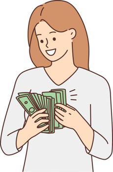 Smiling woman with cash excited with income png