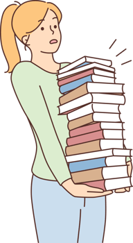 Young woman carrying pile of books png