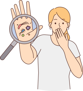 Stressed woman show bacteria under magnifier png