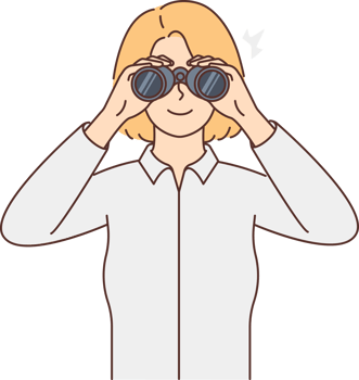 Smiling woman look in binoculars explore new opportunities png