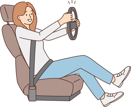 Smiling woman with steering wheel learn driving png