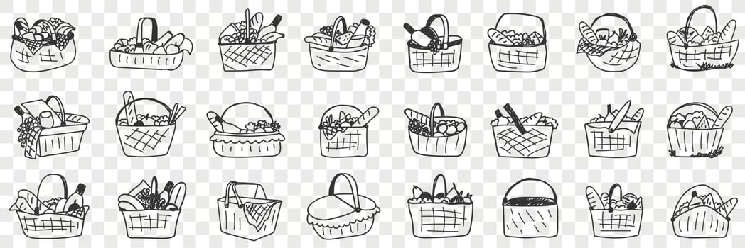 Basket with food doodle set. Collection of hand drawn various baskets with ingredients food drinks for picnics outdoors isolated on transparent background vector