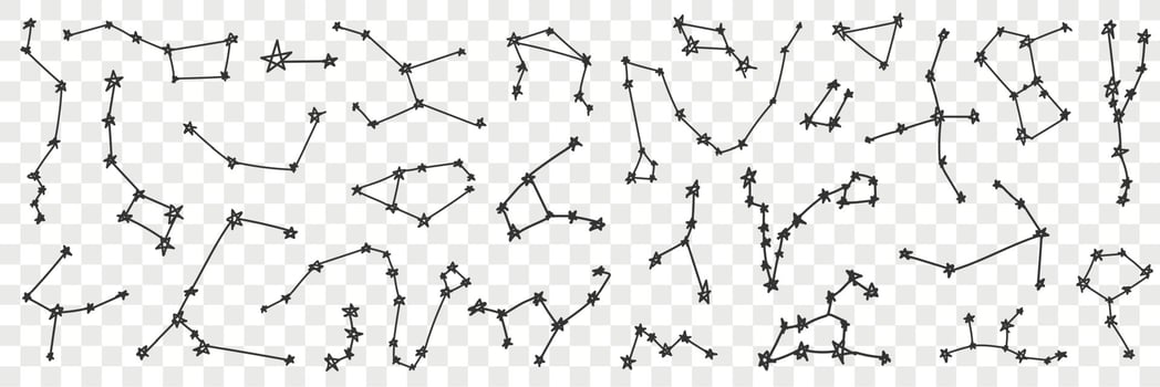 Star constellation on sky doodle set. Collection of hand drawn various sky star constellation of different shapes bright shining isolated on transparent background vector