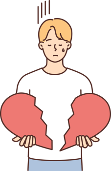 Unhappy man hold broken heart in hands png