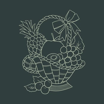 Basket full of fruits vector line art illustration