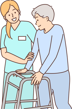 Woman caring for elderly human leaning on stilts for people with disabilities png