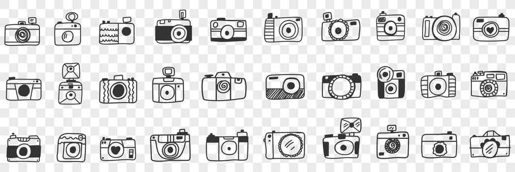 Photo camera with lens doodle set. Collection of hand drawn various photo camera equipment for photographers work isolated on transparent vector
