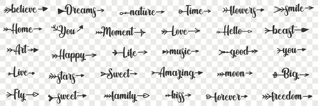 Lettering words with arrows doodle set. Collection of hand drawn various words sweet believe time flowers smile good hello big freedom kiss family stars live fly music on transparent background vector