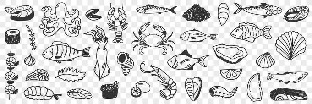 Seafood and fish doodle set. Collection of hand drawn crab shrimp prawn octopus shells caviar squid various fish for making dishes and sushi isolated on transparent background vector