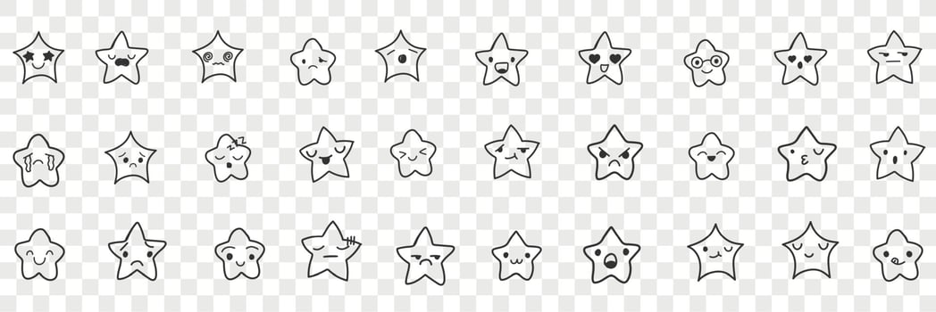 Stars with emoji faces doodle set. Collection of hand drawn cute funny stars with positive and negative facial expressions emoticon isolated on transparent background vector