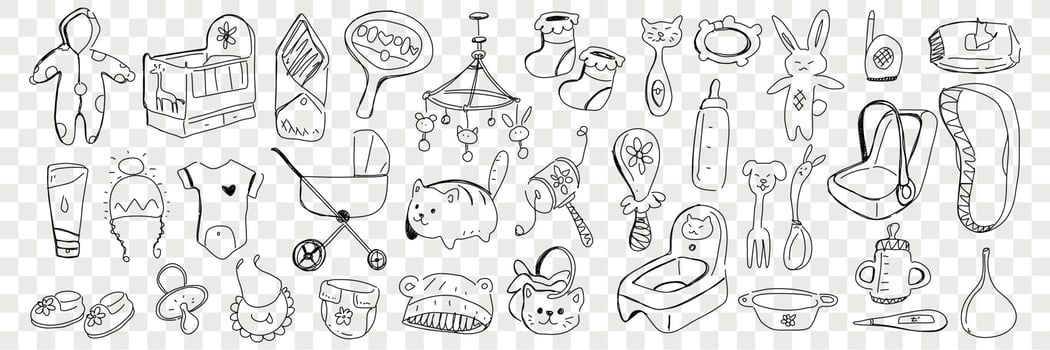 Infant baby accessories and toys doodle set. Collection of hand drawn bed, toy, jumpsuit, stroller, beanbag, nipple, undershirt, diaper isolated on transparent background vector