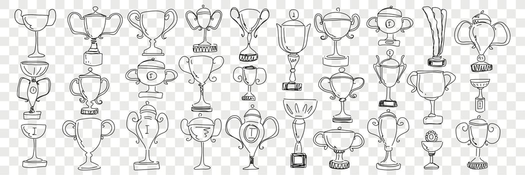 Winners cups and trophies doodle set. Collection of hand drawn golden champion cups trophy for first prize and win in championship or sport competition isolated on transparent background vector