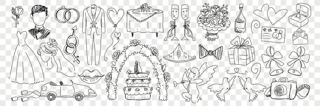 Wedding marriage accessories doodle set. Collection of hand drawn rings costumes angels cake wedding car champagne and festive attributes for celebrating wedding isolated on transparent background vector
