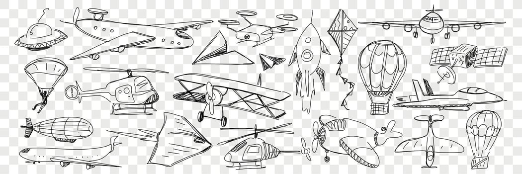 Various air vehicles during flight doodle set. Collection of hand drawn planes helicopters air balloons kites airplanes flying saucer parachute isolated on transparent background vector