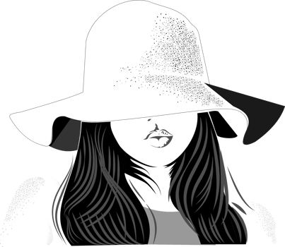 A girl wears a large hat that covers part of her face and her hair falls on her shoulders png