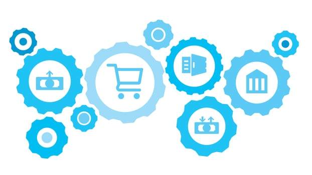 Connected gears and vector icons for logistic, service, shipping, distribution, transport, market, communicate concepts. Career, finance, pyramid gear blue icon set on white background