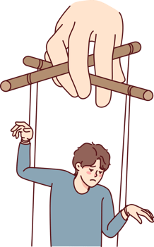 Puppeteer hand manipulating sad man png