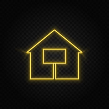 Yellow neon icon house, sold.Transparent background. Yellow neon vector icon on dark background
