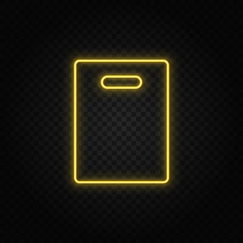 Yellow neon icon bag, shopping.Transparent background. Yellow neon vector icon on dark background