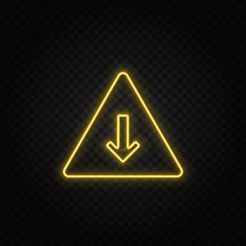Yellow neon icon arrow, down, pyramid.Transparent background. Yellow neon vector icon on dark background