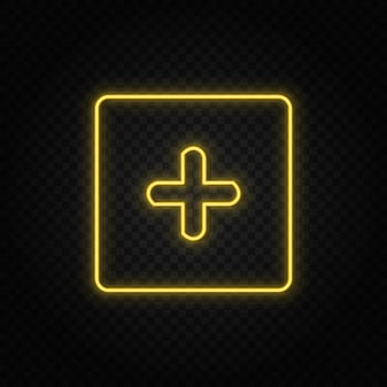 Yellow neon icon add, box.Transparent background. Yellow neon vector icon on dark background