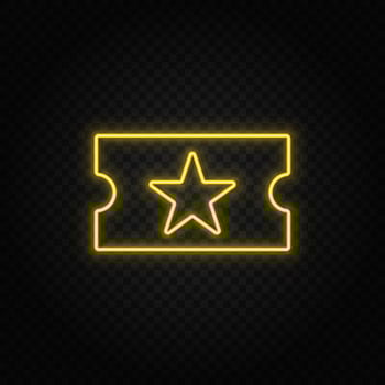 Yellow neon icon cinema, party, ticket.Transparent background. Yellow neon vector icon on dark background
