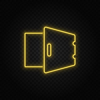 Yellow neon icon deposit, open, safe.Transparent background. Yellow neon vector icon on dark background