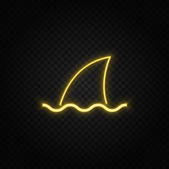 Yellow neon icon sea, shark, business.Transparent background. Yellow neon vector icon on dark background