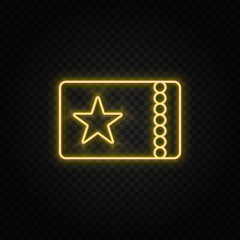 Yellow neon icon cinema, show, ticket.Transparent background. Yellow neon vector icon on dark background