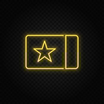 Yellow neon icon card, cinema, ticket.Transparent background. Yellow neon vector icon on dark background