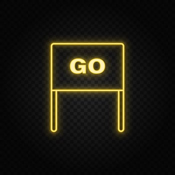 Yellow neon icon flag, go, launch.Transparent background. Yellow neon vector icon on dark background