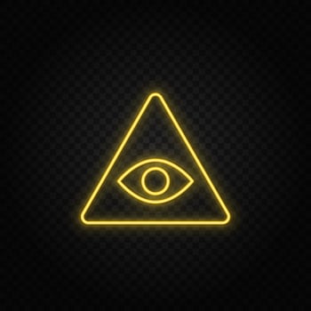 Yellow neon icon eye, pyramid.Transparent background. Yellow neon vector icon on dark background