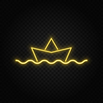 Yellow neon icon boar, paper, sea, business.Transparent background. Yellow neon vector icon on dark background