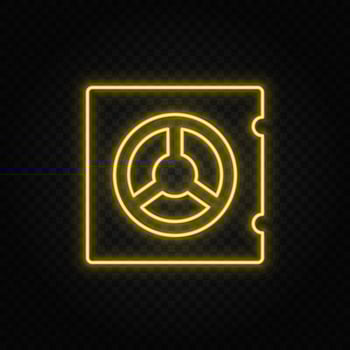 Yellow neon icon deposit, money, safe.Transparent background. Yellow neon vector icon on dark background