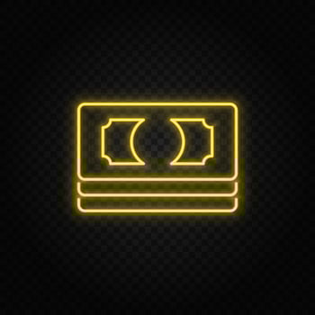 Yellow neon icon cash, money, pack.Transparent background. Yellow neon vector icon on dark background