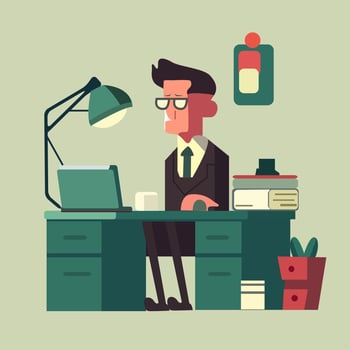 A man sits at a desk working flat illustration vector