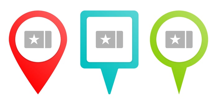 card, cinema, ticket. Multicolor pin vector icon, diferent type map and navigation point. on white background